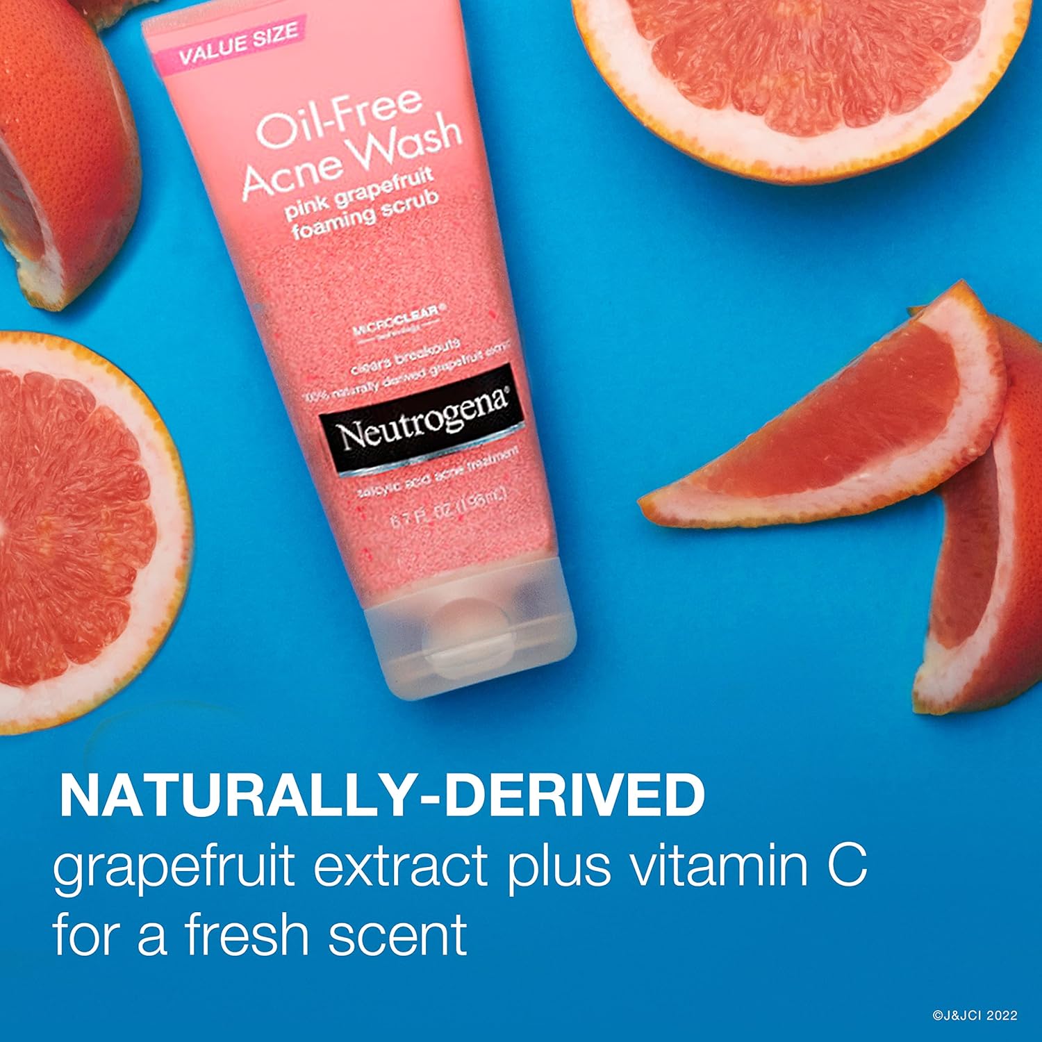 Neutrogena Oil Free Pink Grapefruit Acne Treatment Face Wash with Vitamin C, 2% Salicylic Acid, Gentle Foaming Facial Scrub to Treat & Prevent Breakouts...