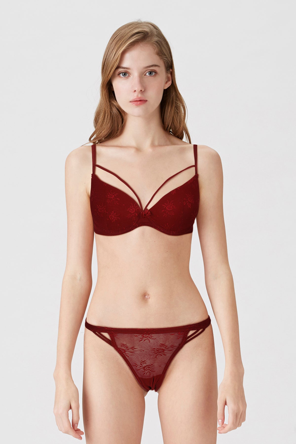 BLS - Antona Wired And Pushup Lace Bra Set - Burgundy